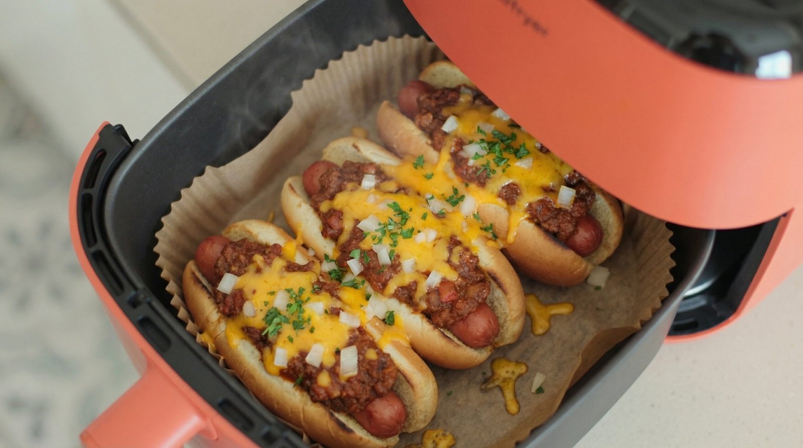 Air Fryer Chili Cheese Dogs
