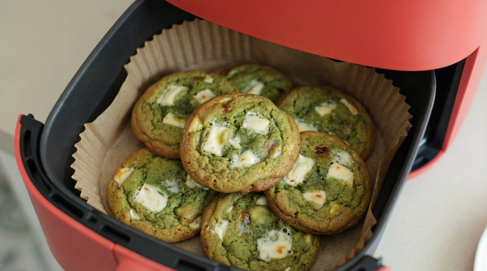 Browned Butter Matcha White Chocolate Chunk Air Fryer Cookies