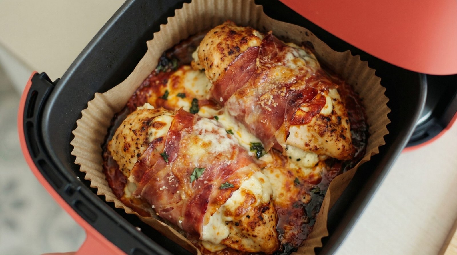 Expert Air Fryer Chicken Parmesan Stuffed with Ricotta and Wrapped in Prosciutto