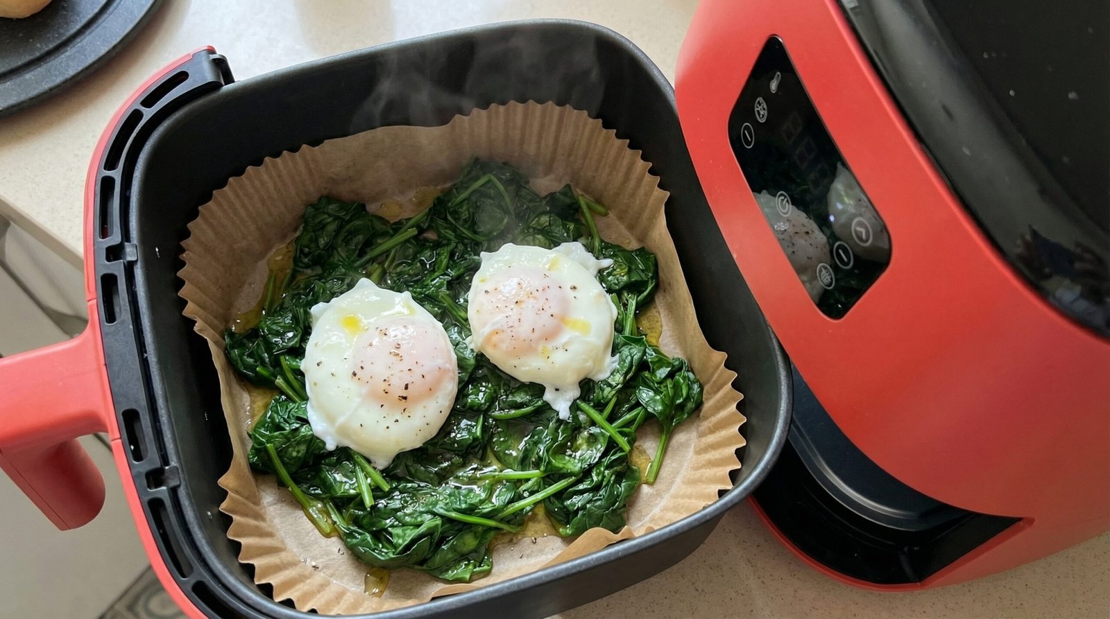 Intermediate Air Fryer Poached Eggs on Spinach