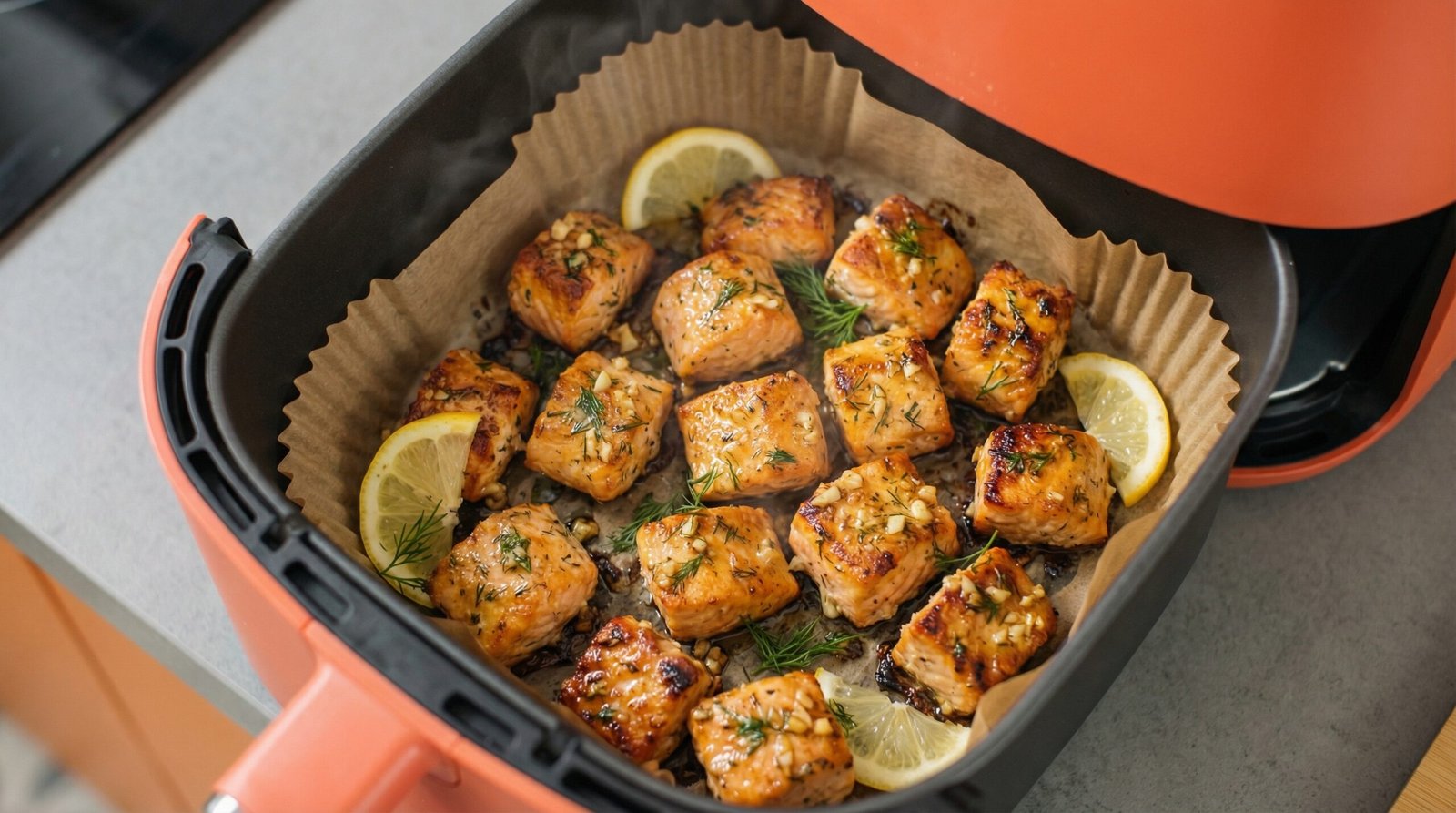 Lemon Garlic Air Fryer Salmon Bites