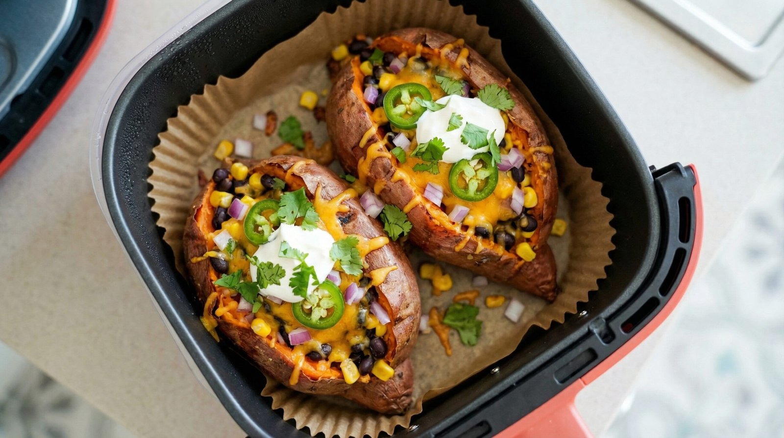 Loaded Air Fryer Baked Sweet Potatoes