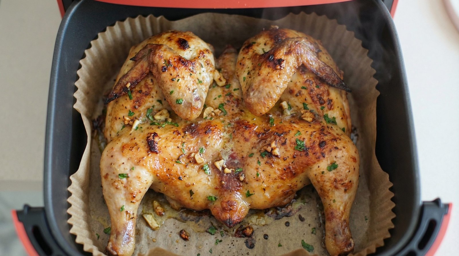 Spatchcock Garlic Butter Air Fryer Chicken